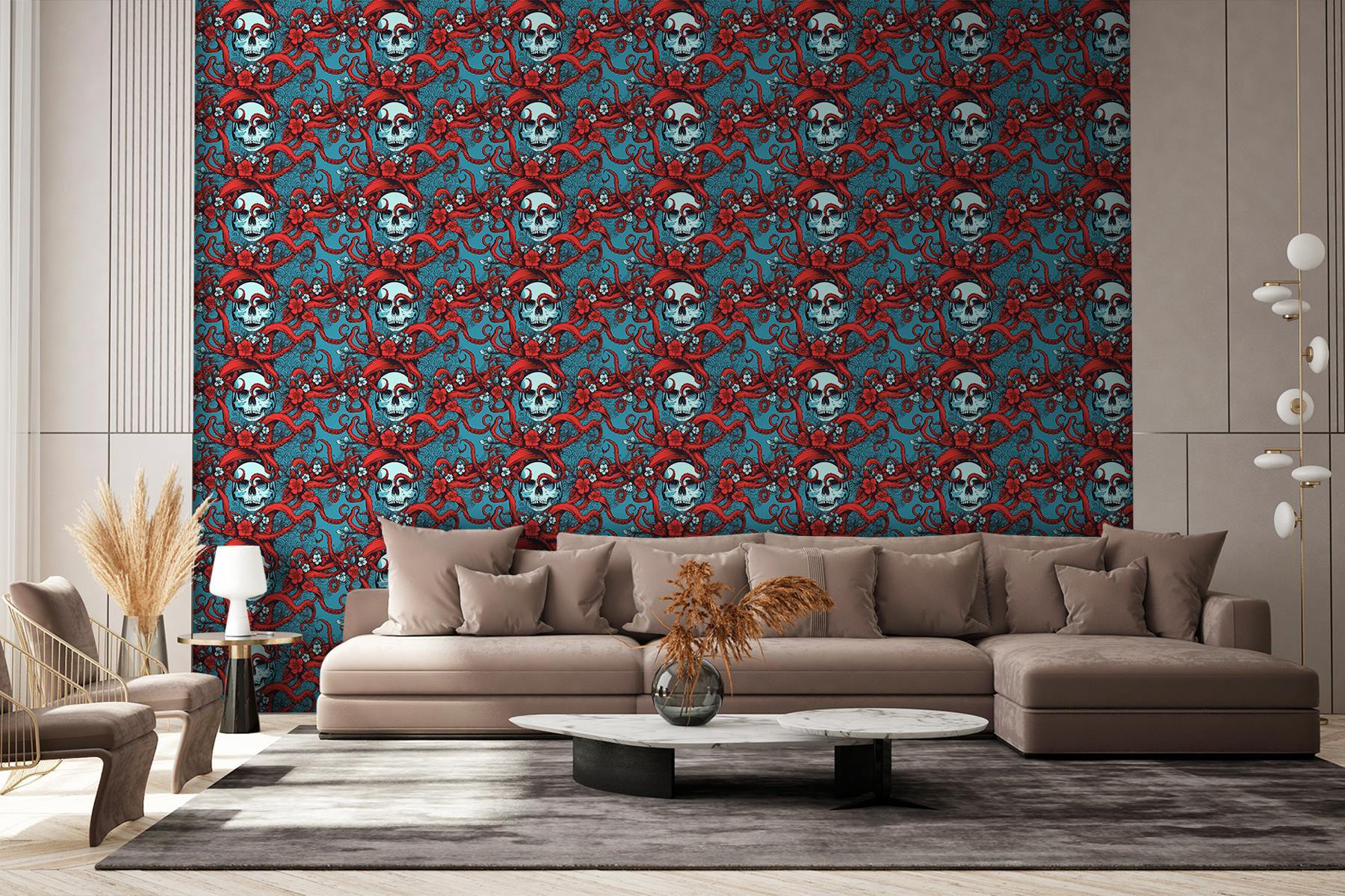 Pattern of skulls in red hats Pattern of skulls in red hats