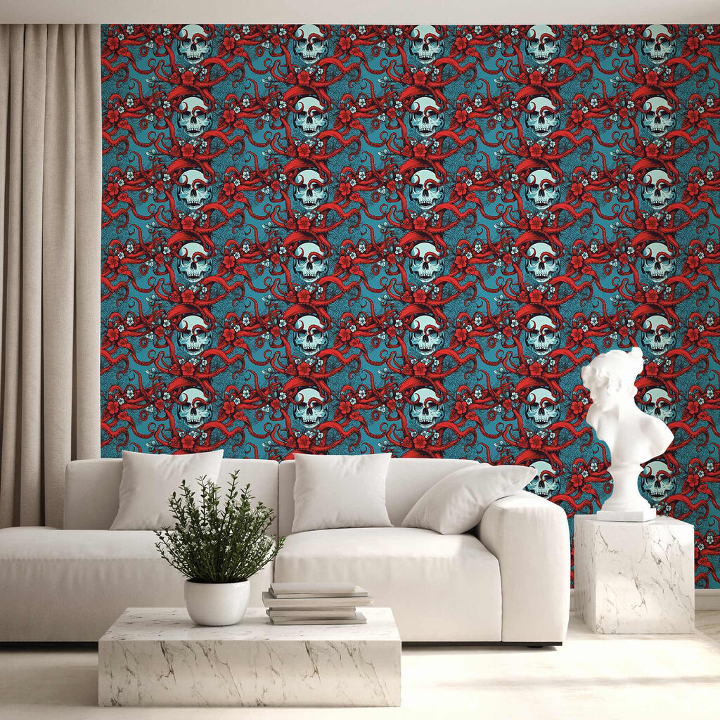 Pattern of skulls in red hats