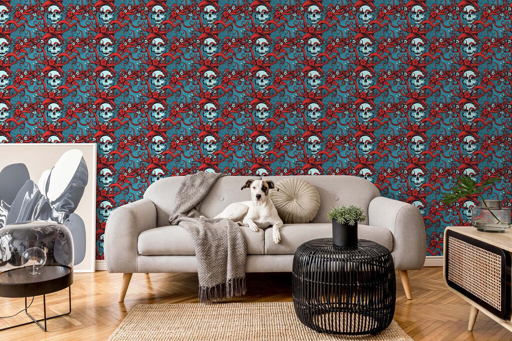 Pattern of skulls in red hats