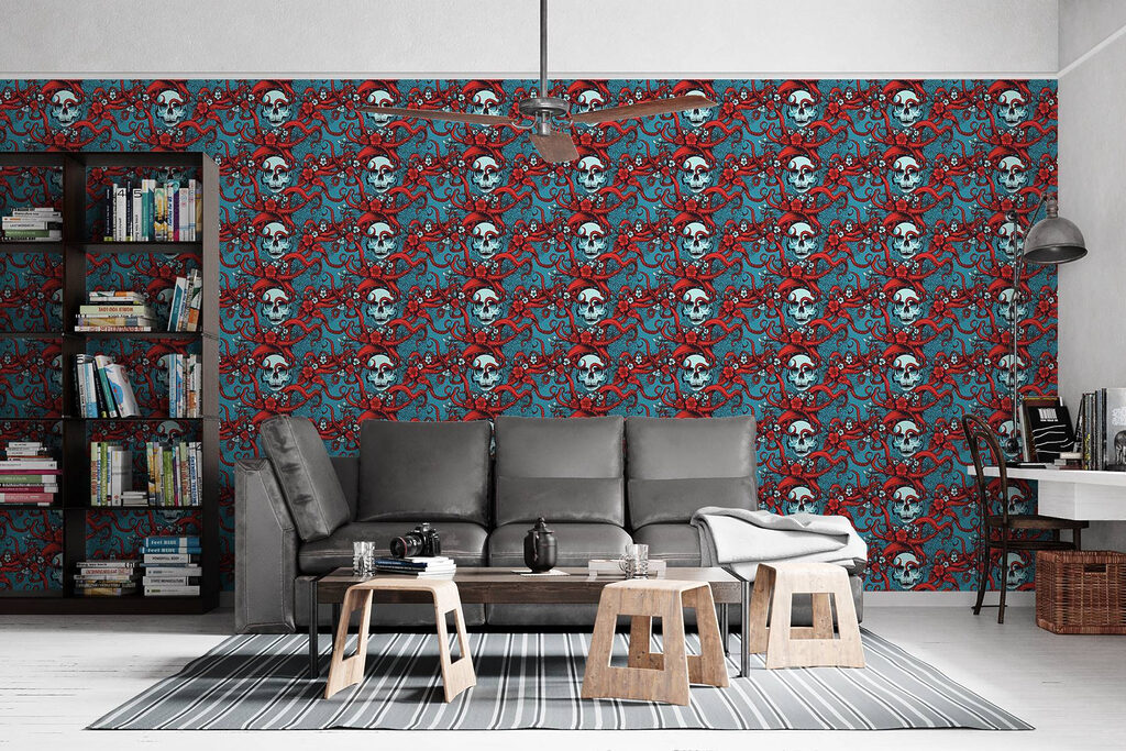 Pattern of skulls in red hats