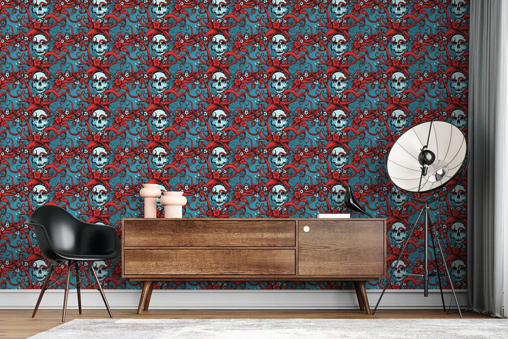 Pattern of skulls in red hats