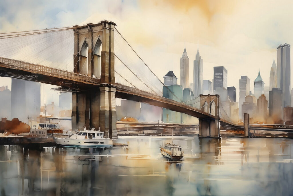 Watercolor of a bridge and a city