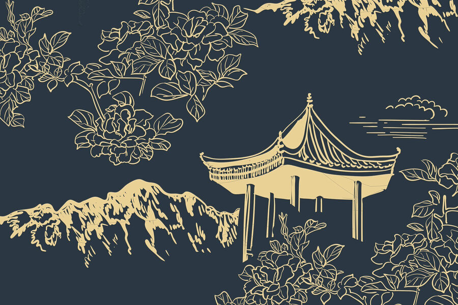 Pagoda i góry z kwiatami