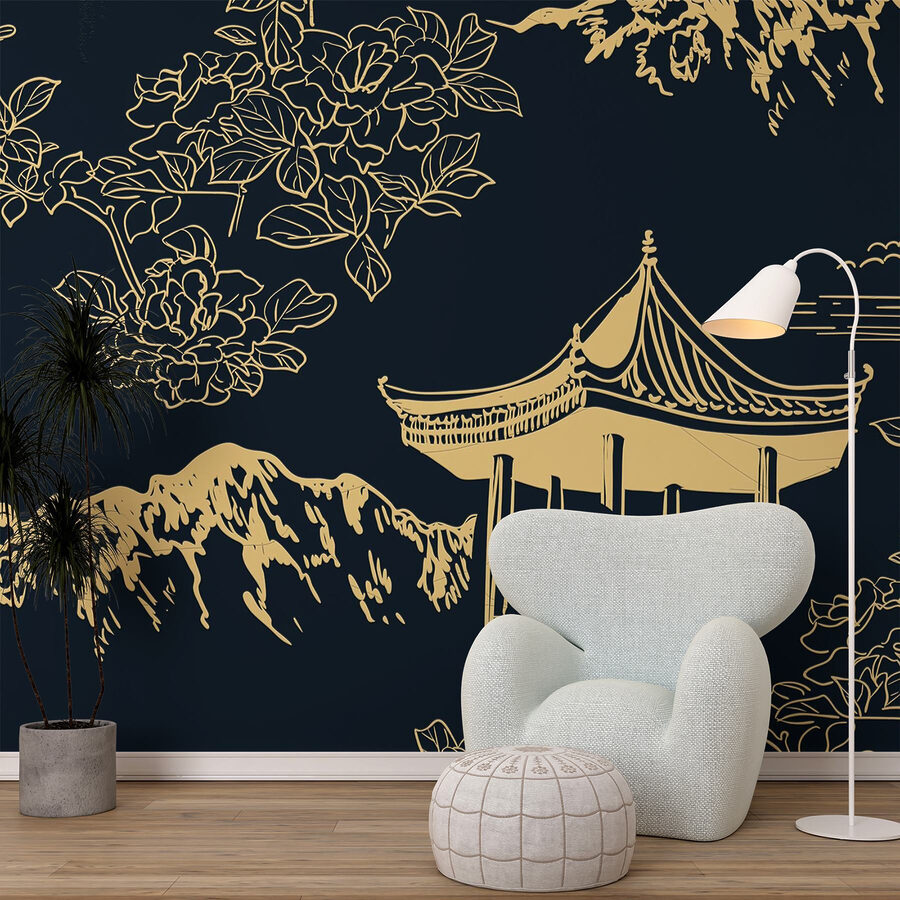 Pagoda i góry z kwiatami