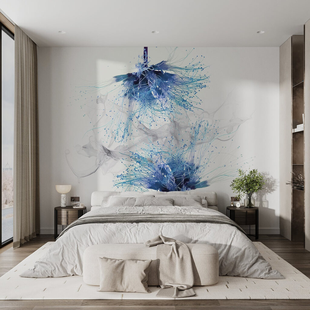 Blue flowers with white ink in the air Blue flowers with white ink in the air