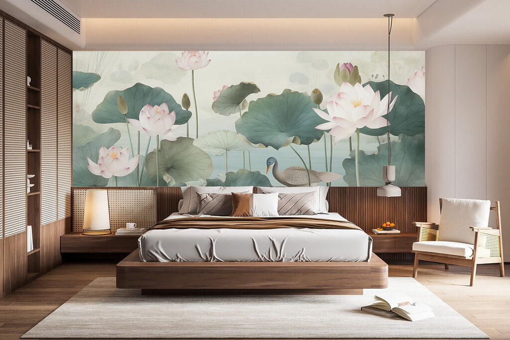 Duck in a pond with lotus flowers Duck in a pond with lotus flowers