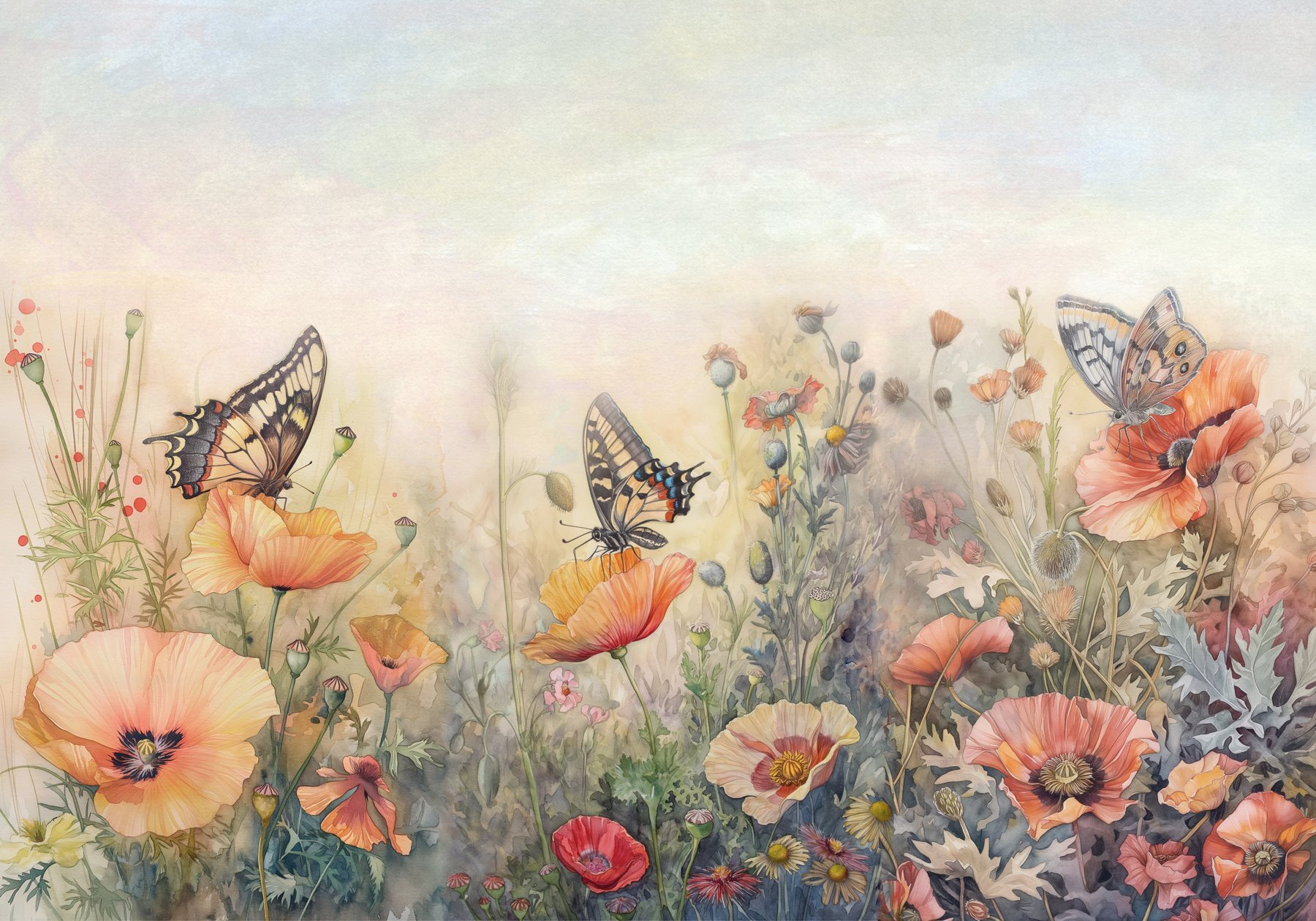Butterflies on flowers in a field