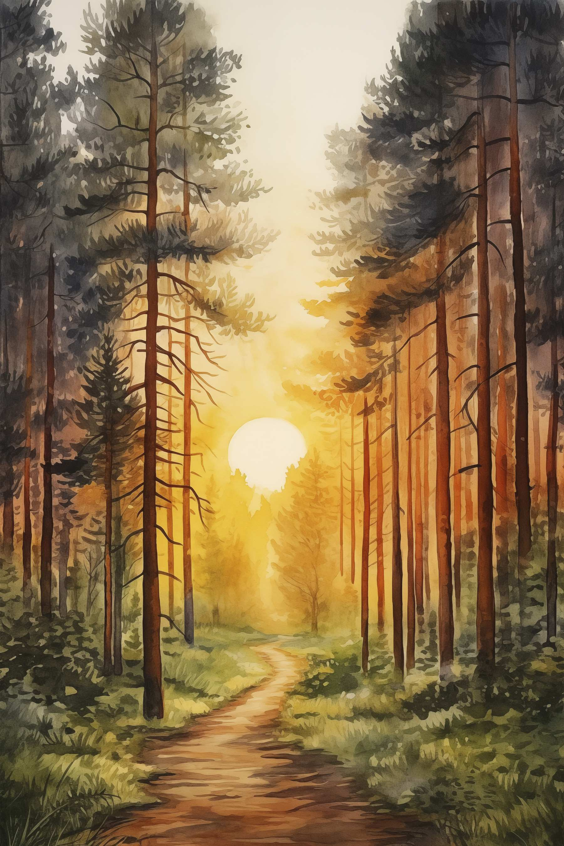 Painting of a forest with a path and trees