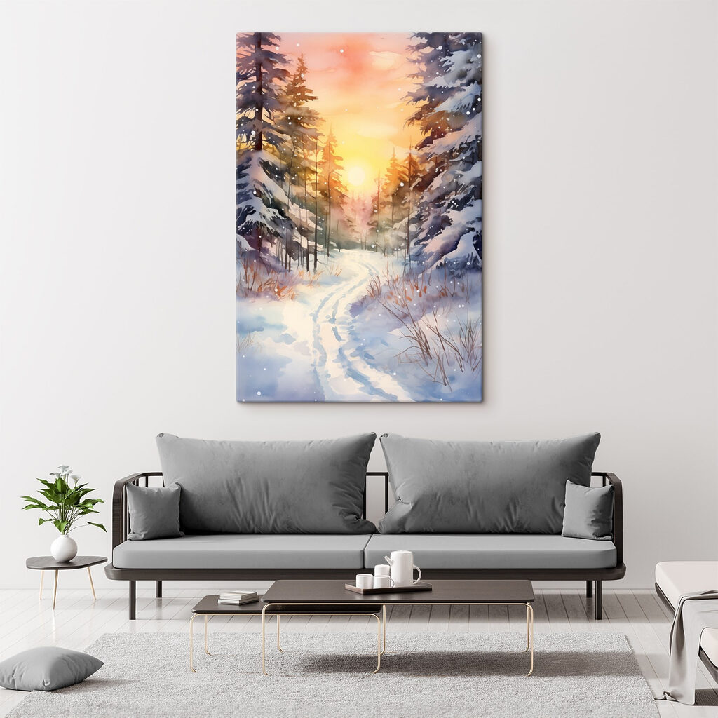 Watercolor painting of a snowy forest
