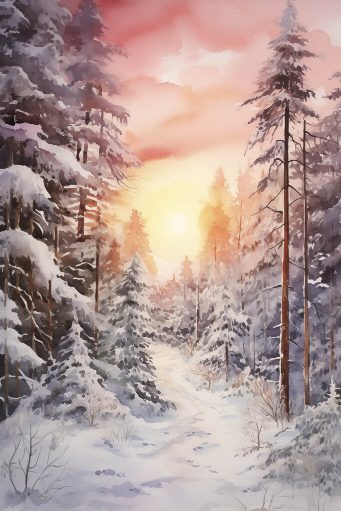 Watercolor painting of a snowy forest Watercolor painting of a snowy forest