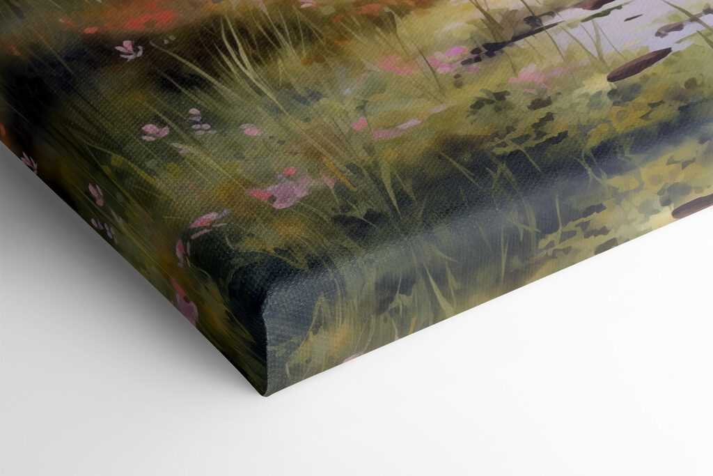 Watercolor painting of a lake with trees and grass