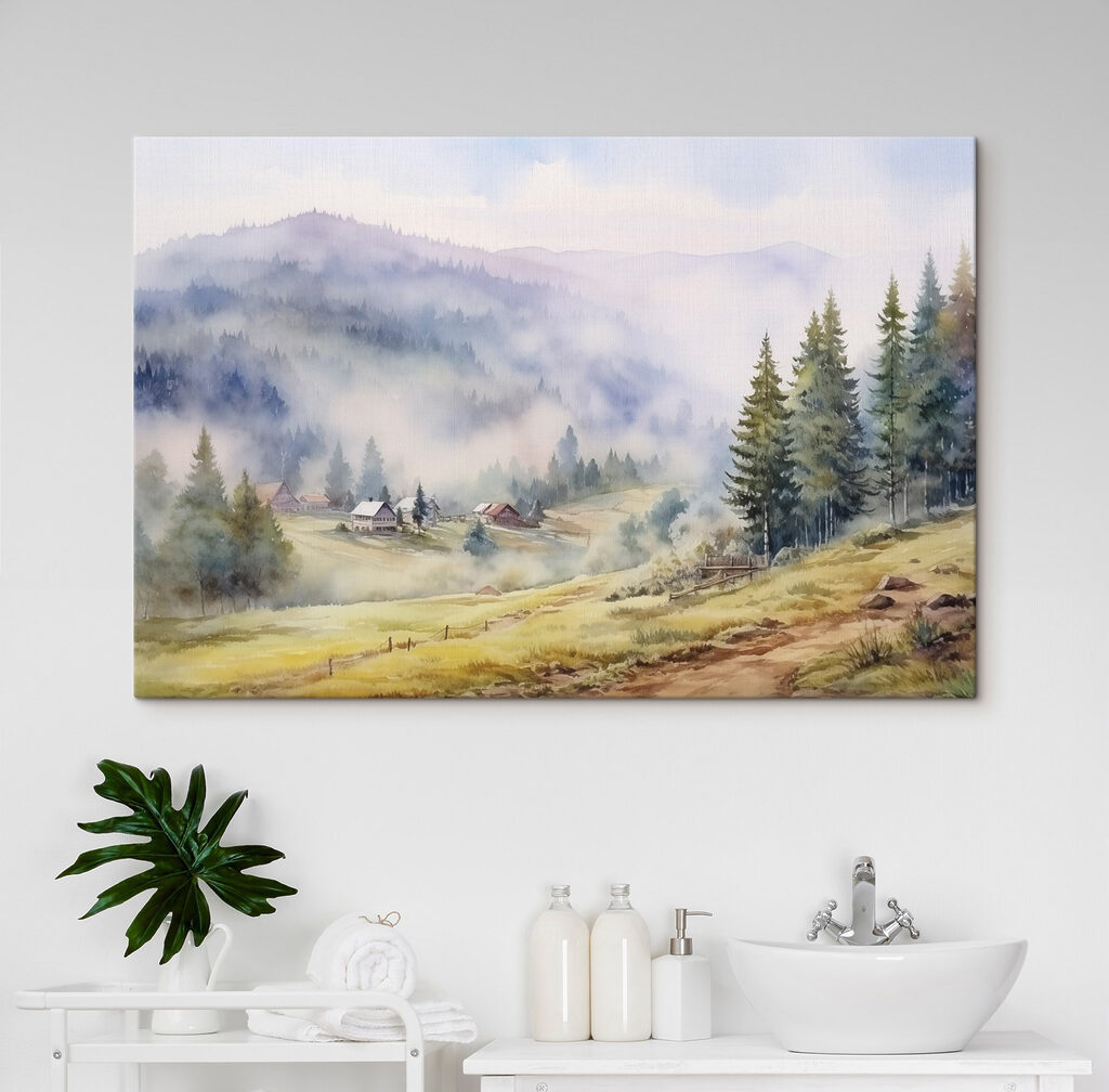 Watercolor painting of a village in the mountains