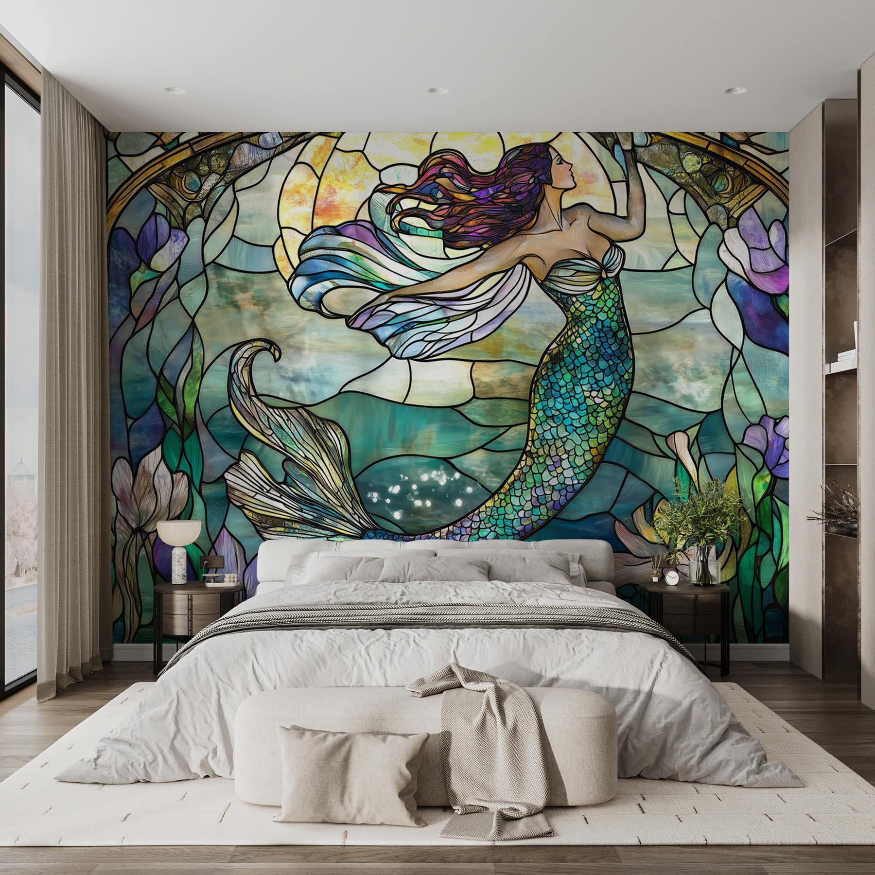 Stained glass window with a mermaid