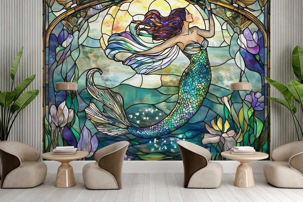 Stained glass window with a mermaid