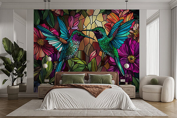 Stained glass window with colorful birds Stained glass window with colorful birds