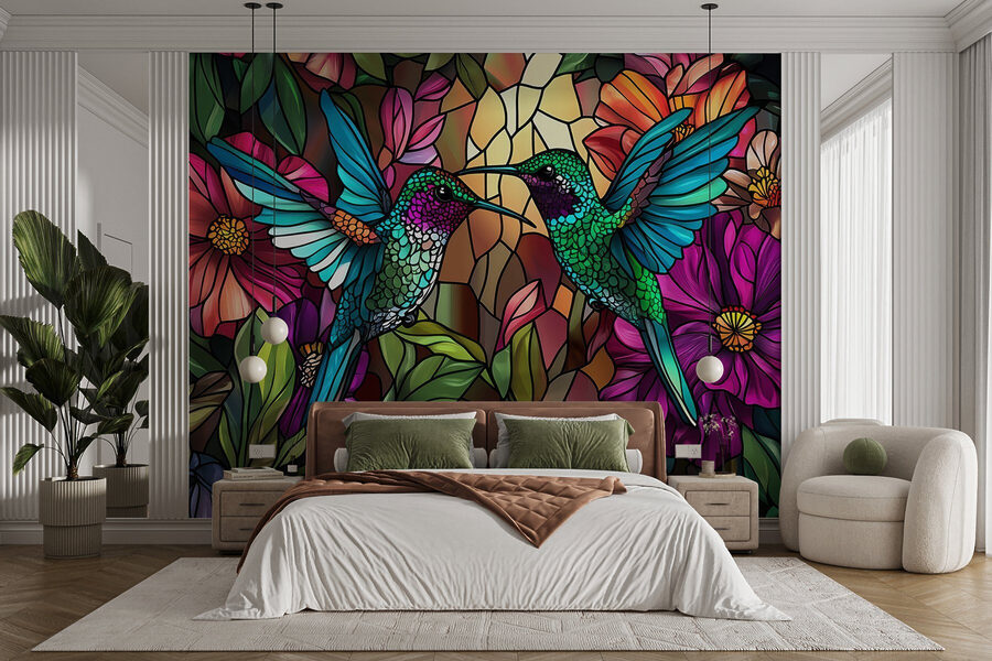 Stained glass window with colorful birds Stained glass window with colorful birds