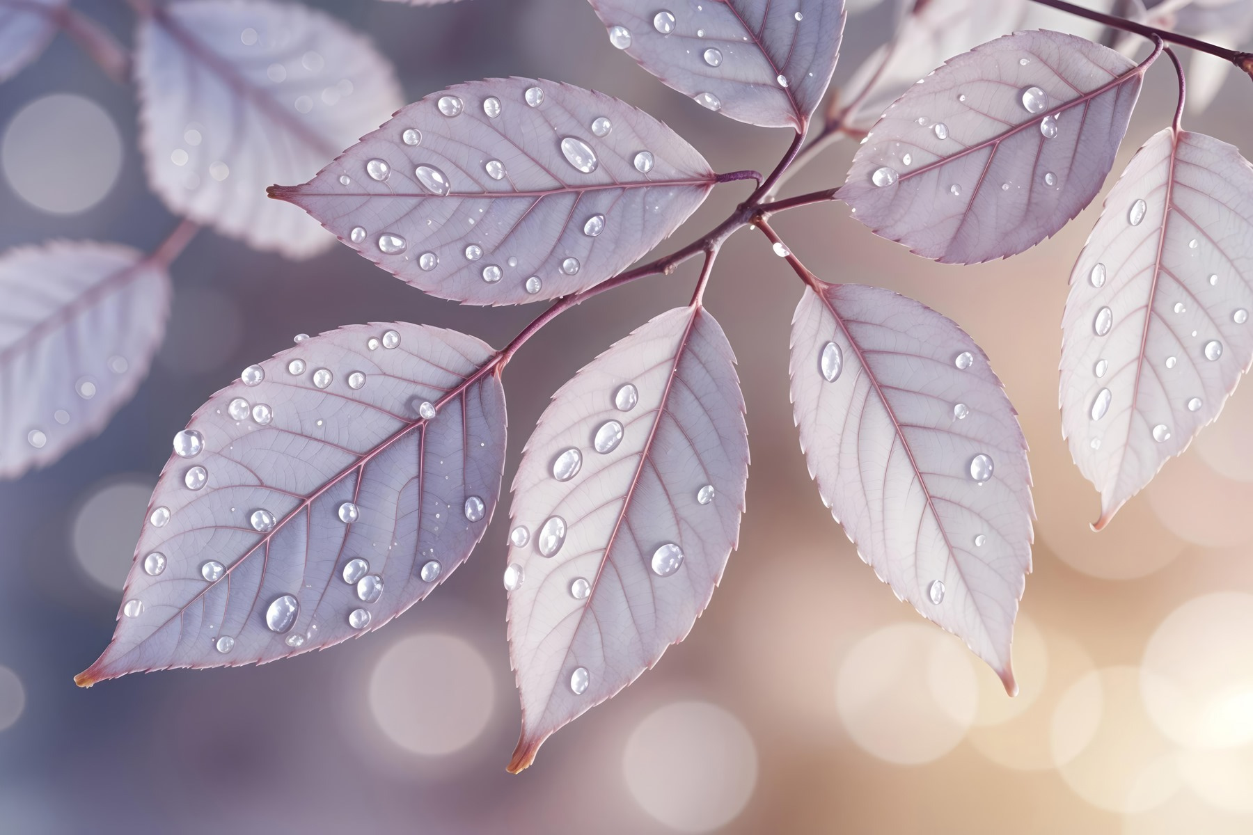 Delicate leaves with dewdrops resting