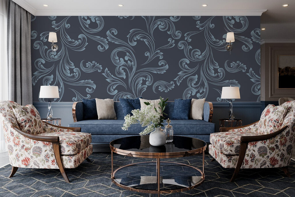 Pattern of swirls on a blue background