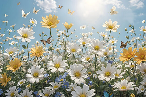 Group of butterflies flying over a field of flowers Group of butterflies flying over a field of flowers