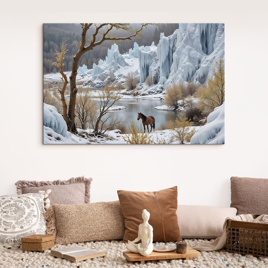 Horse standing in the snow next to a body of water Horse standing in the snow next to a body of water