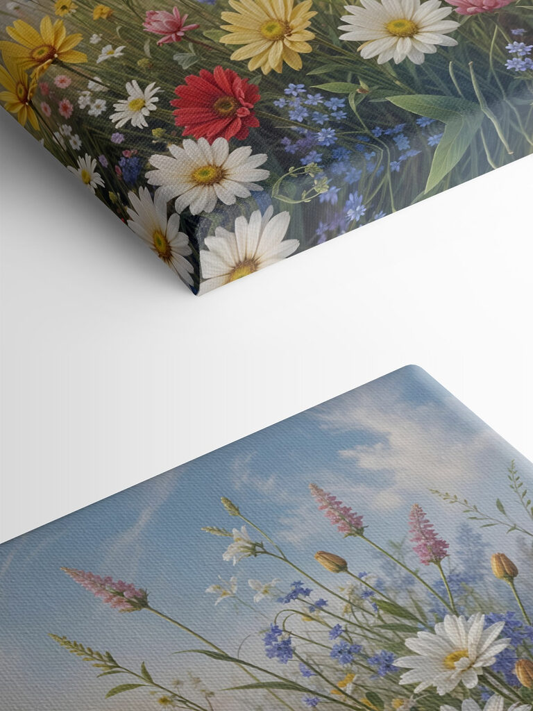 Field of flowers with blue sky and clouds