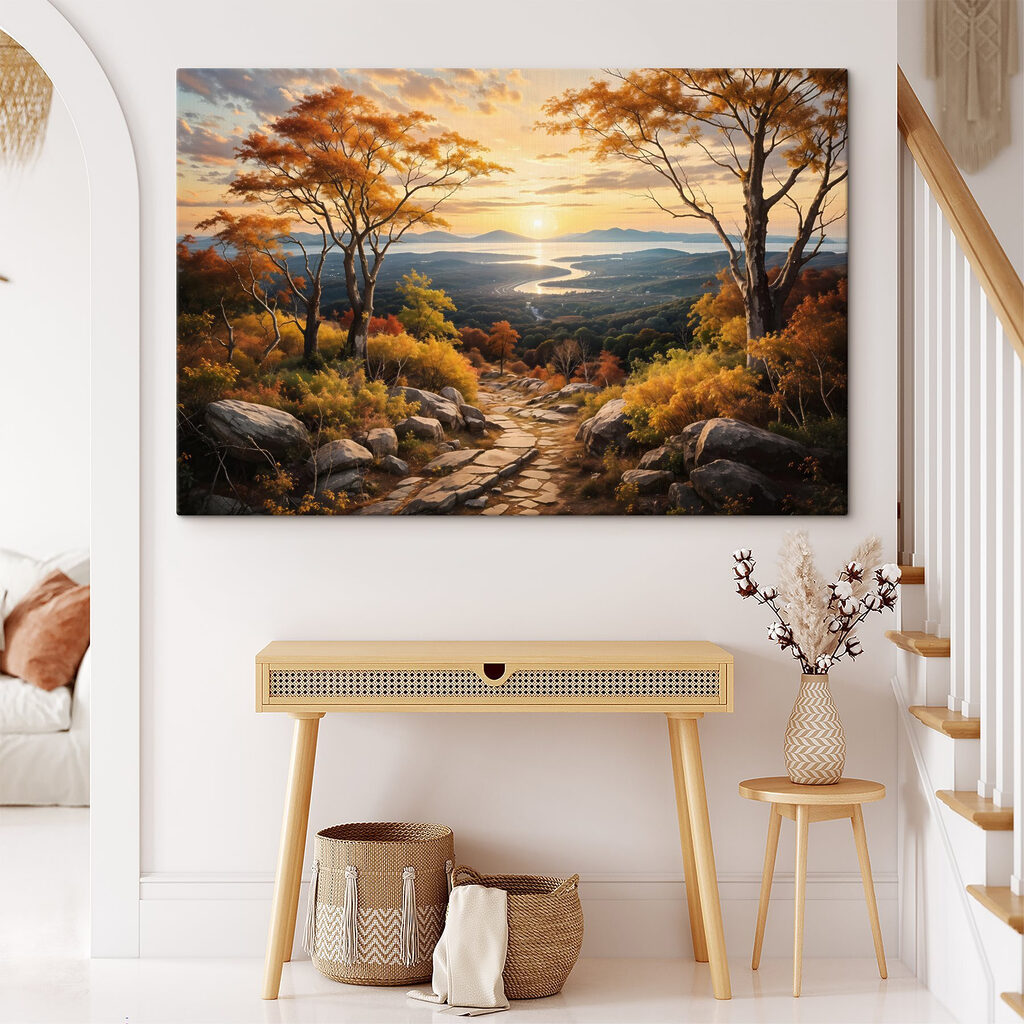 Path through a valley with trees and a river