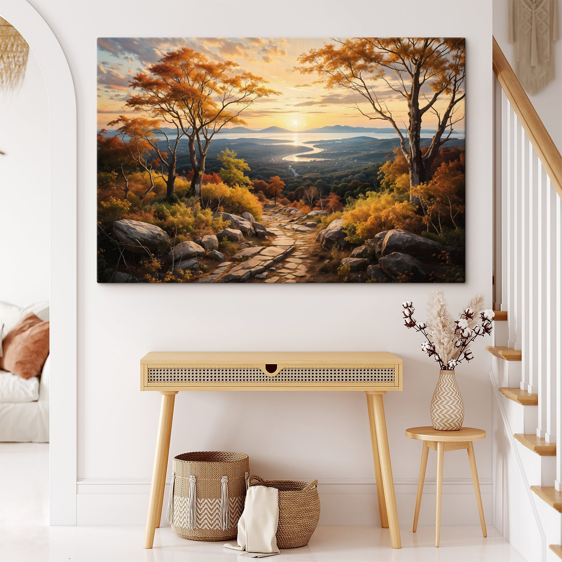 Path through a valley with trees and a river