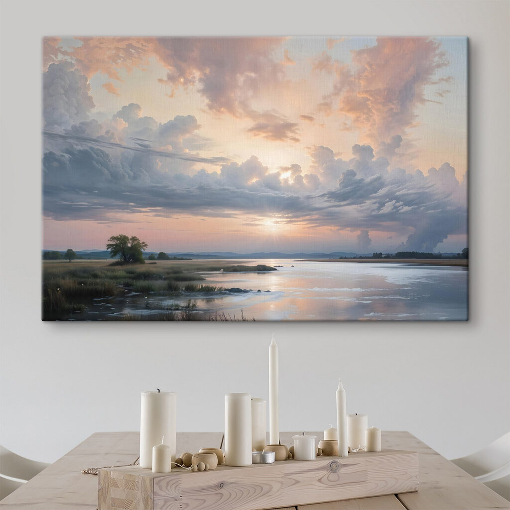 Body of water with a tree and clouds in the sky