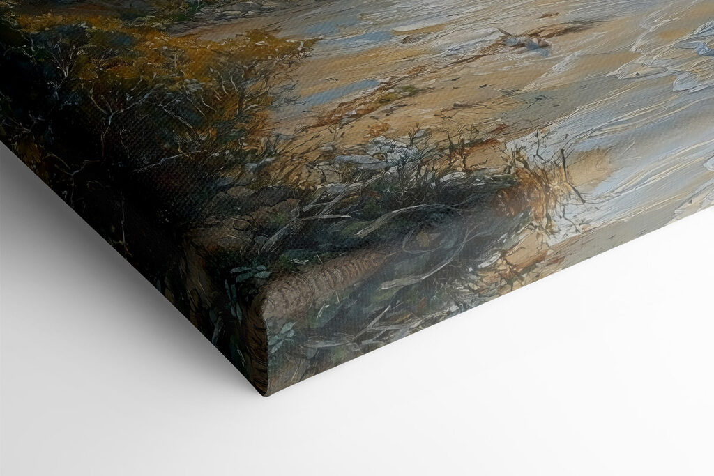 Painting of birds flying over a beach