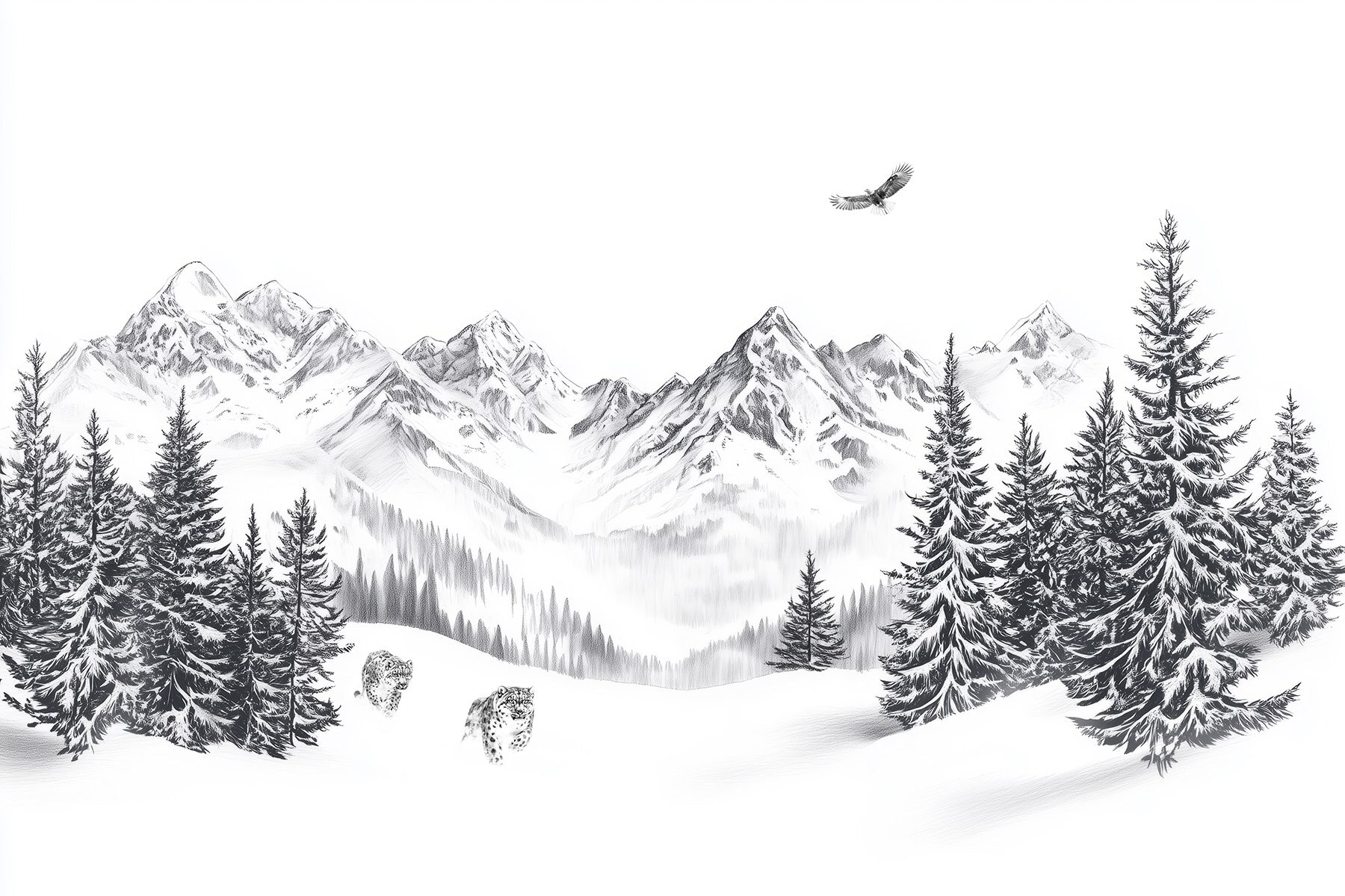 Snowy mountain landscape with trees and a bird flying over it