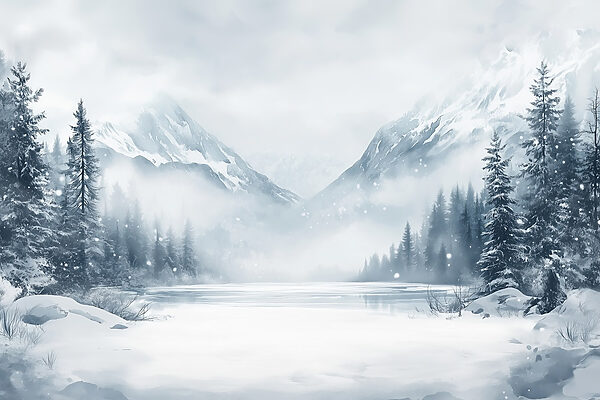 Snowy landscape with a lake and mountains