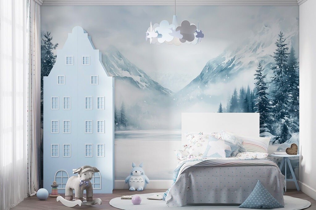 Snowy landscape with a lake and mountains