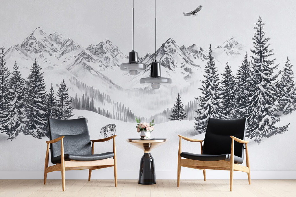 Snowy mountain landscape with trees and a bird flying over it