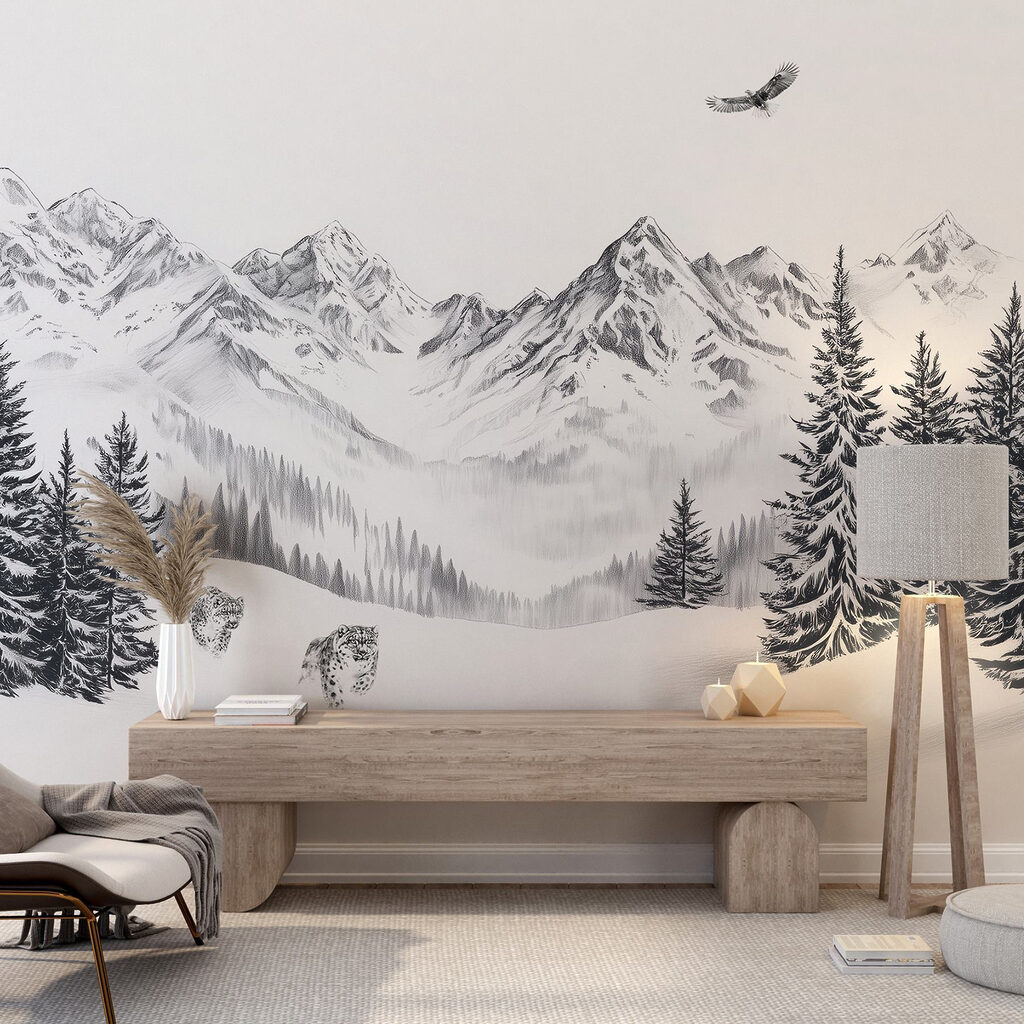 Snowy mountain landscape with trees and a bird flying over it