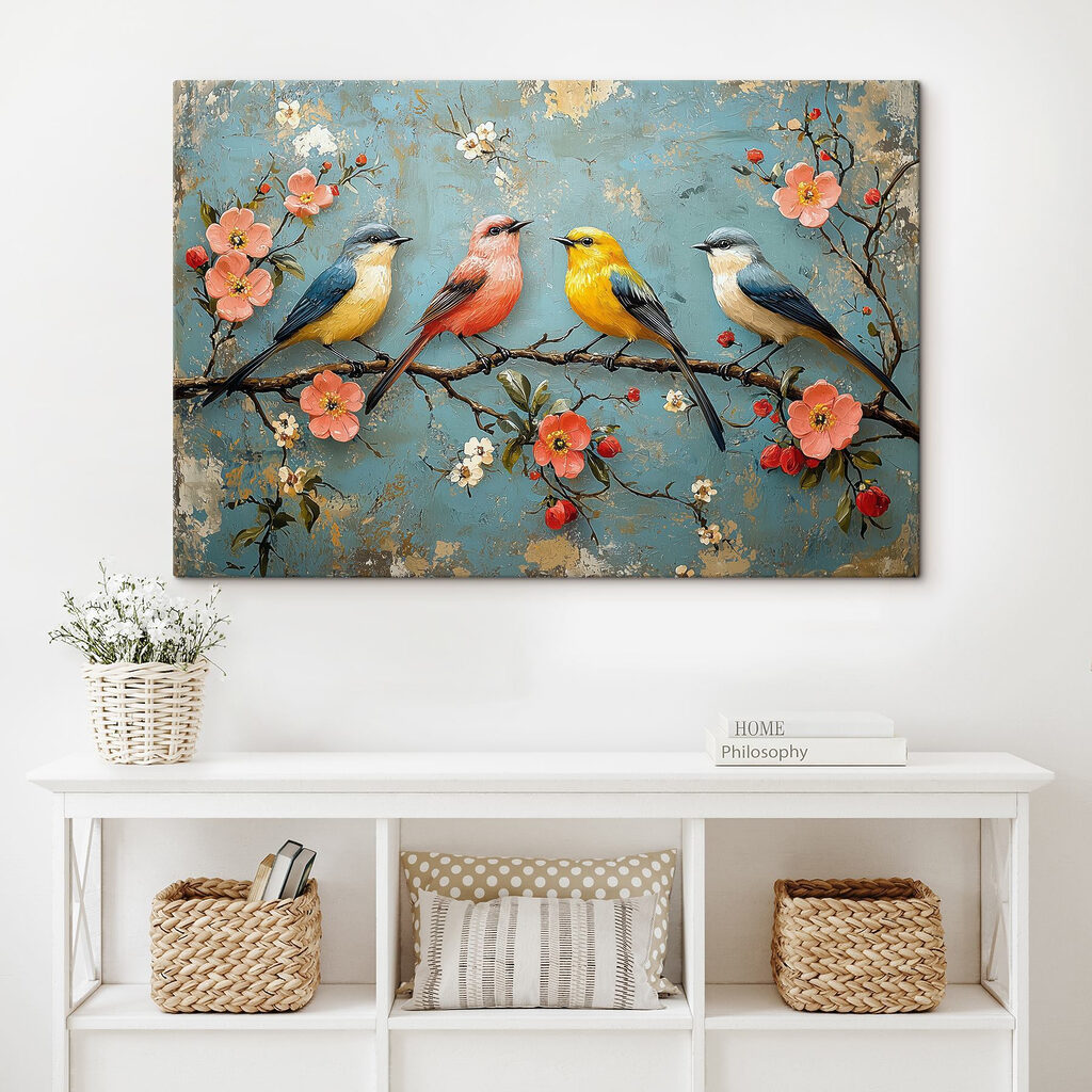 Group of birds on a branch with flowers Group of birds on a branch with flowers