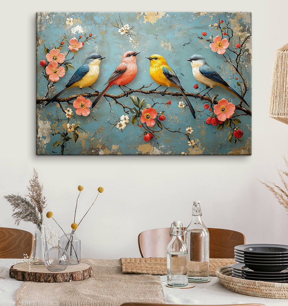Group of birds on a branch with flowers Group of birds on a branch with flowers