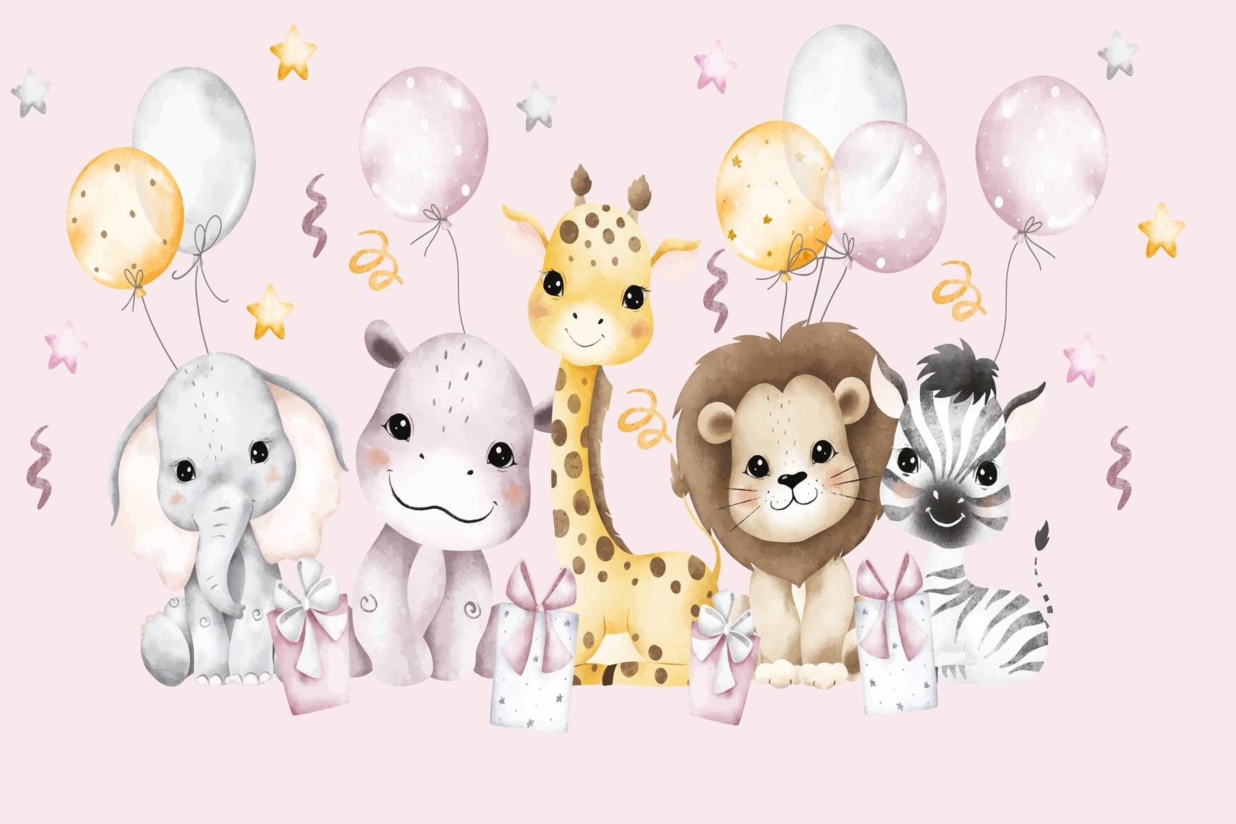 Group of animals with balloons