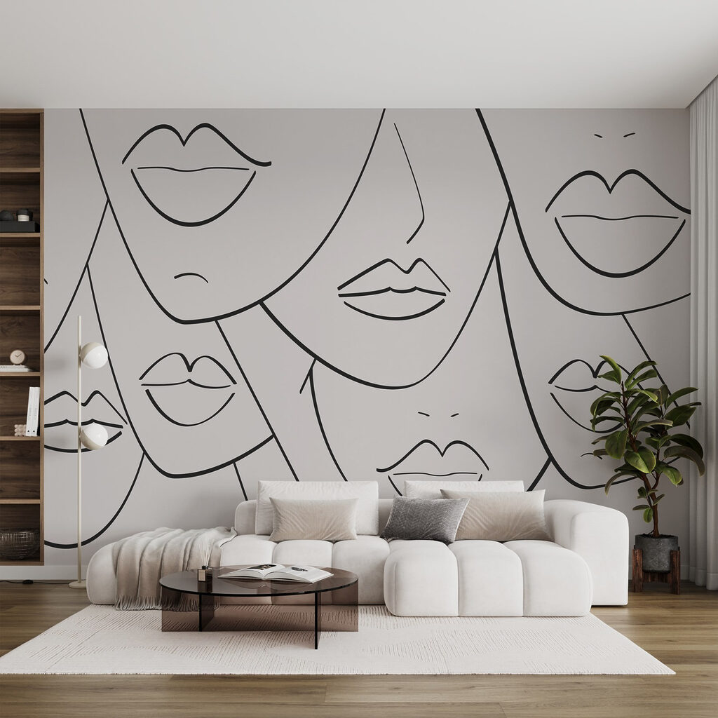 Group of faces with lips and lips drawn in black and white Group of faces with lips and lips drawn in black and white