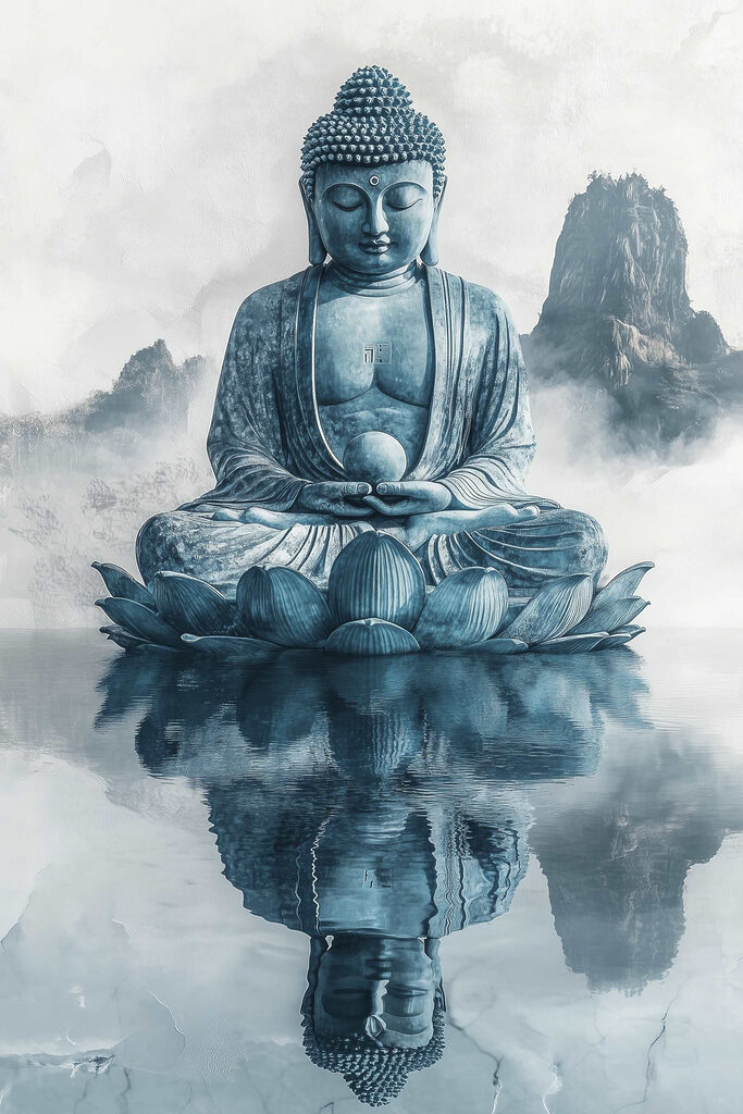 Statue of a person sitting on a lotus flower in water