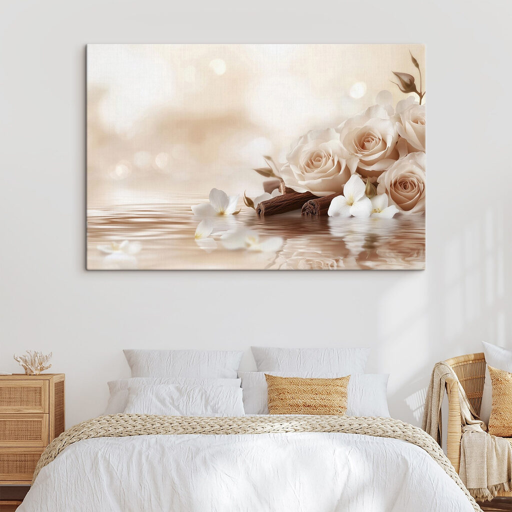 Group of white roses and cinnamon sticks in water Group of white roses and cinnamon sticks in water