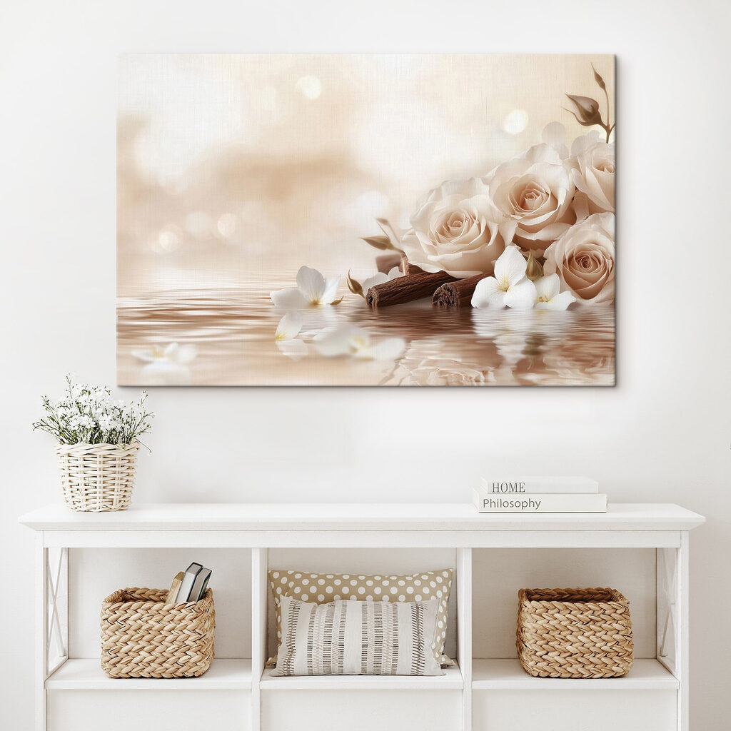 Group of white roses and cinnamon sticks in water Group of white roses and cinnamon sticks in water