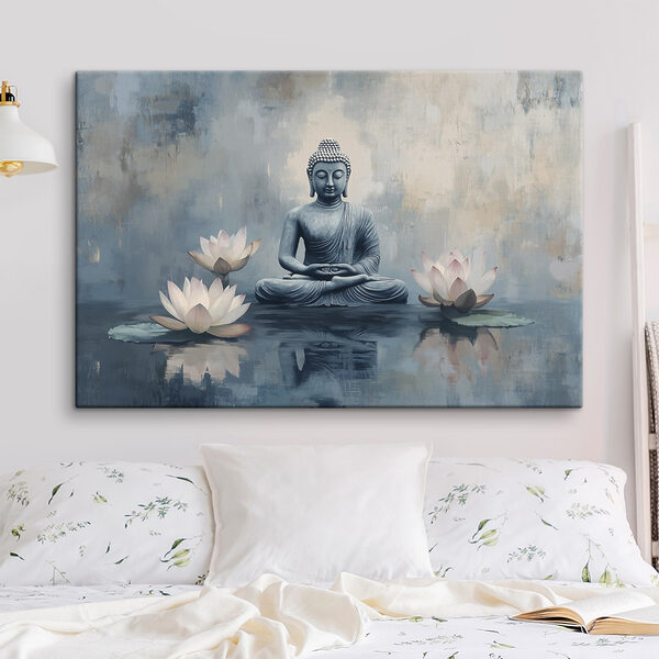 Statue of a buddha sitting in a lotus position surrounded by water