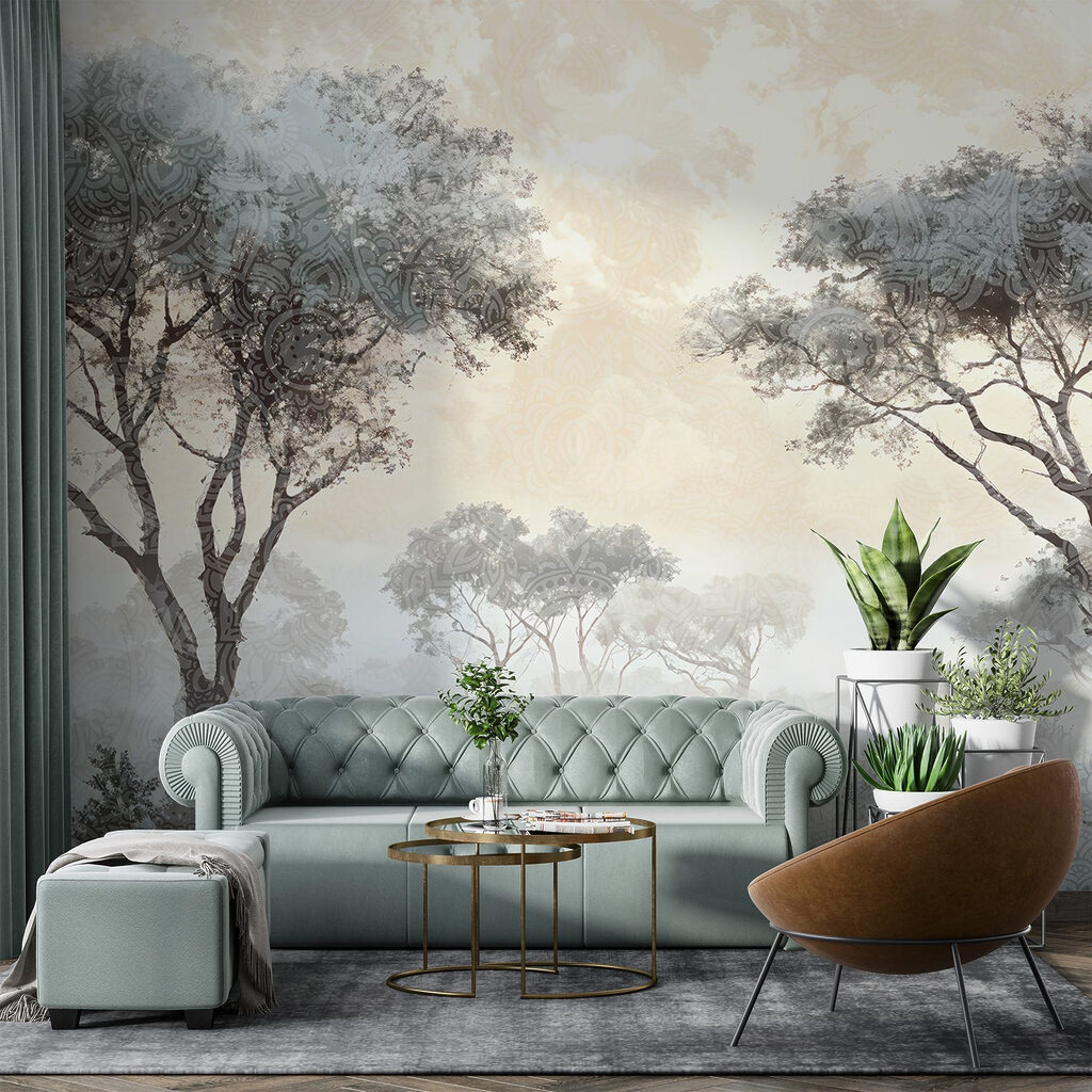 Foggy landscape with trees and plants Foggy landscape with trees and plants