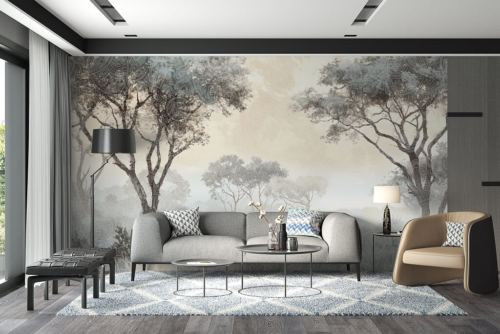 Foggy landscape with trees and plants Foggy landscape with trees and plants