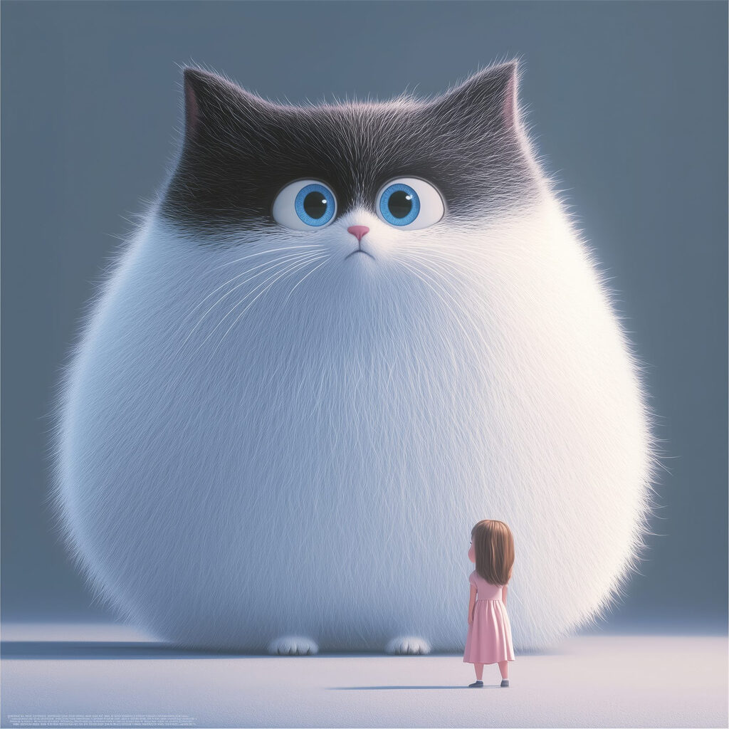 Cartoon of a cat looking at a little girl