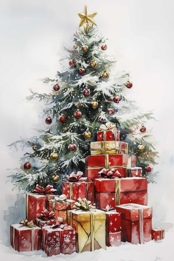 Watercolor of presents under a christmas tree