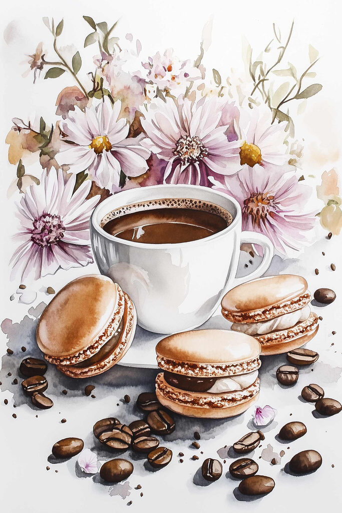 Watercolor painting of a cup of coffee and cookies