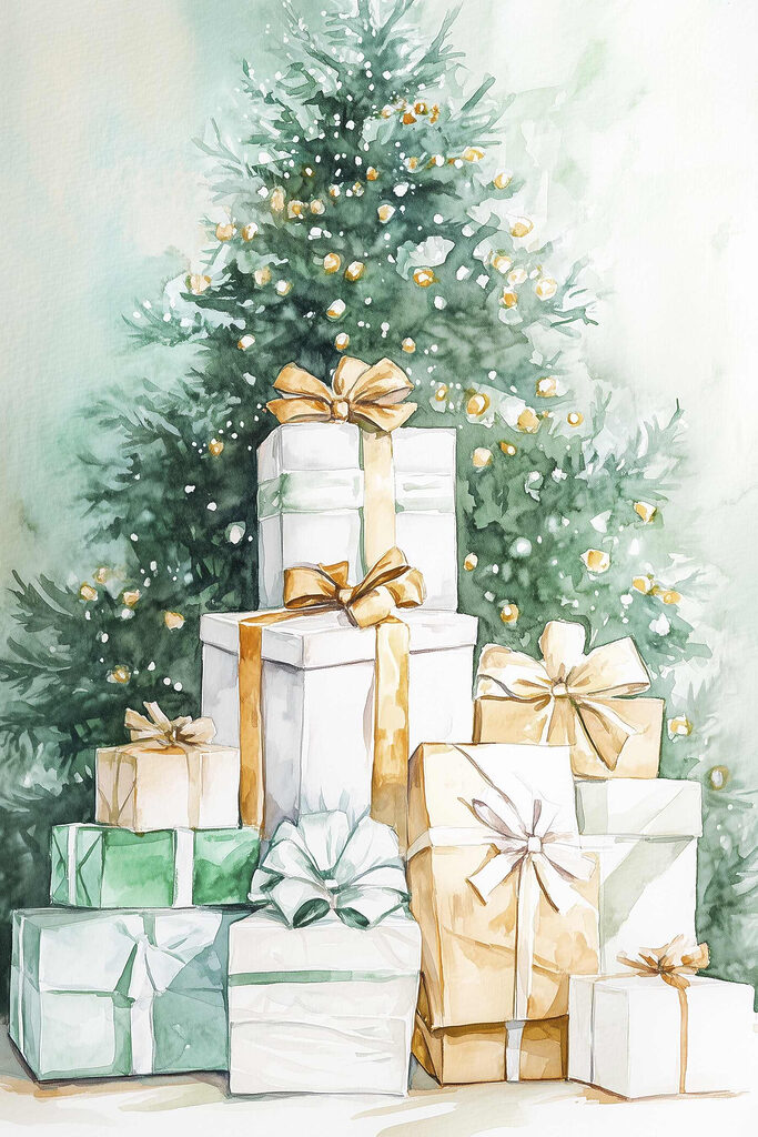 Watercolor of presents under a tree