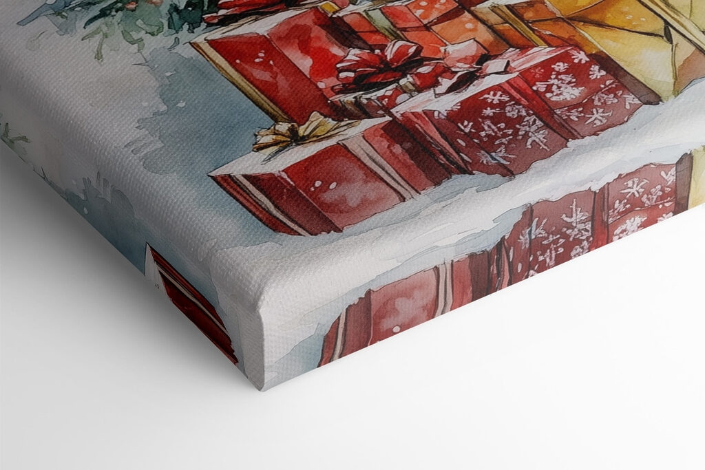 Watercolor of presents under a christmas tree