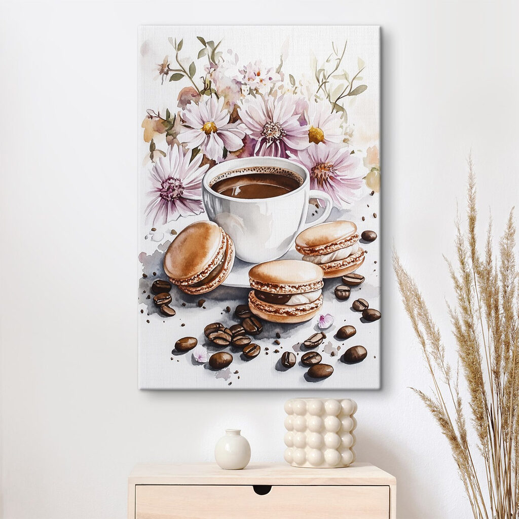 Watercolor painting of a cup of coffee and cookies